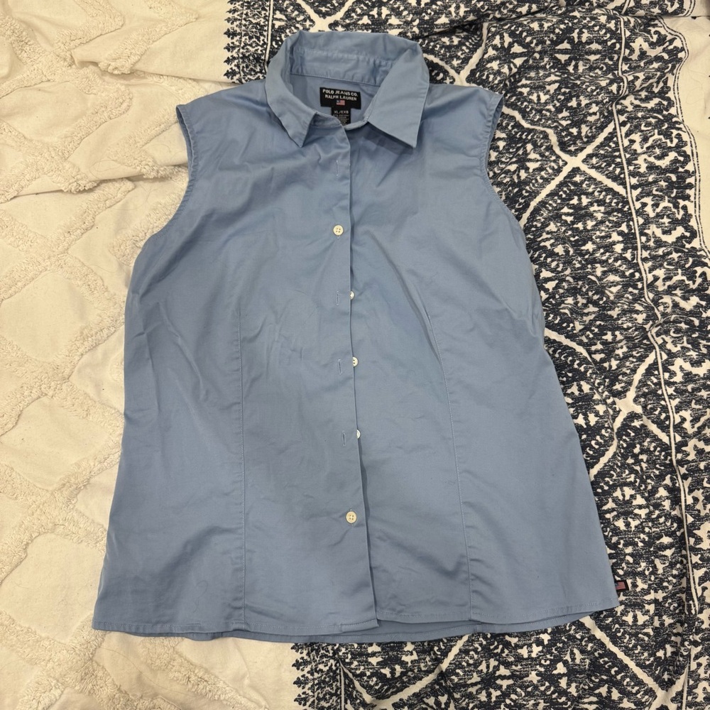 RL Ralph Lauren Polo Jeans Baby Blue Sleeveless Button Down Top XL Preppy Flaw